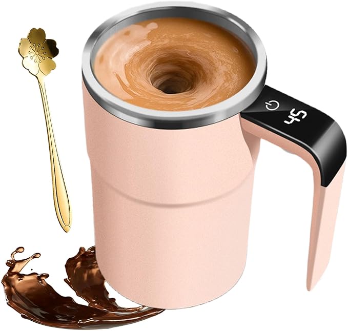 Electric Coffee Mug with a Built-in LCD Thermometer, Automatic Magnetic Stirring Coffee Mug, 380ML/13OZ, Stainless Steel Self Stirring Cup with Lid, Perfect for Brewing Coffe-e, Milk, Cocoa (Pink)