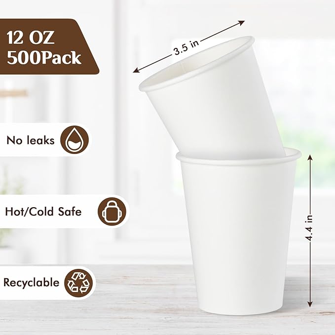 Vplus 500 Pack 12 OZ Paper Coffee Cups, Disposable 12 OZ Coffee Cups With Lids, Cold/Hot Drinking, For Home, Traveling, Stores, Office, And Events