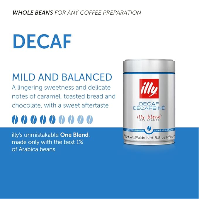 illy Decaf Whole Bean Coffee, Classic Medium Roast Gourmet Blend, 100% Arabica Coffee, 8.8 Ounce (Pack of 1)