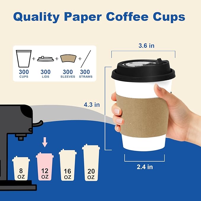 12 oz 300 Pack Coffee Cups with Lids and Sleeves, Straws, Hot Disposable To Go Travel Paper Cups Bulk for Office, Home Coffee Bar Accessories, Chocolate, Cocoa, Beverage (White)