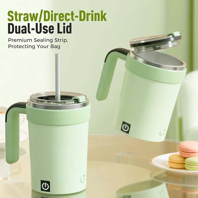 Automatic Magnetic Stirring Coffee Mug, 2025 Upgraded Detachable Base Self-Stirring Mug, Auto Stirring Mugs with Lid Handle, Smart Mixing Cup for Coffee, Chocolate, Milk, Tea (Green)