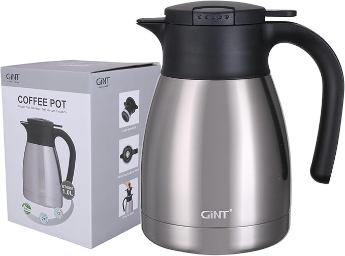 GiNT 34Oz Thermal Coffee Carafe, Insulated Stainless Steel Coffee Carafes for Keeping Hot/Double Walled Vacuum Coffee Carafe (Silver, 1L)