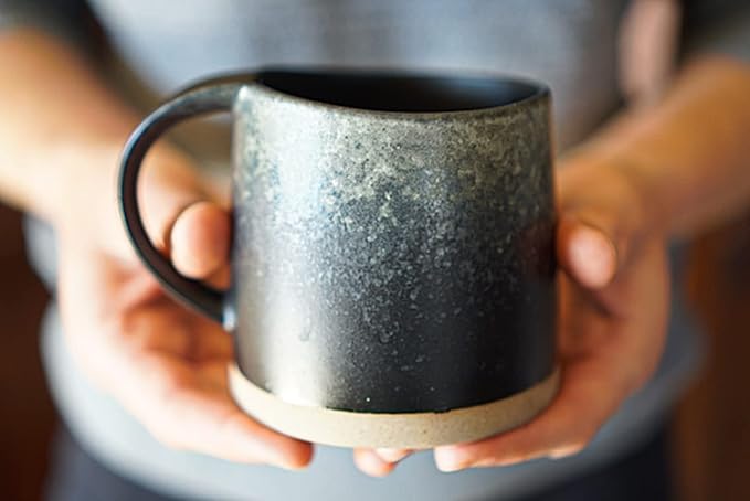 Well Covered & Green Original Night Glazed Ceramic Coffee Mug Set - 2 Vintage Japanese Style Cappucino Coffee Mugs - Stoneware Mug & Matcha Cup Gift Set - 2 x Black, 12oz