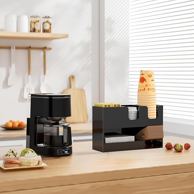 Coffee Condiment and Cup Organizer - 2-Tier Upright Cup and Lid Holder with Straw Organizer 4 Compartments Black Acrylic Cup Dispenser for Restaurant Breakroom Coffee Station Countertop