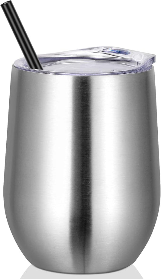 VEGOND 12oz Stainless Steel Wine Tumbler with Lid and Straw, Double Wall Vacuum Insulated Stemless Wine Glass Tumbler Cup, Coffee Mug for Cold Hot Drinks