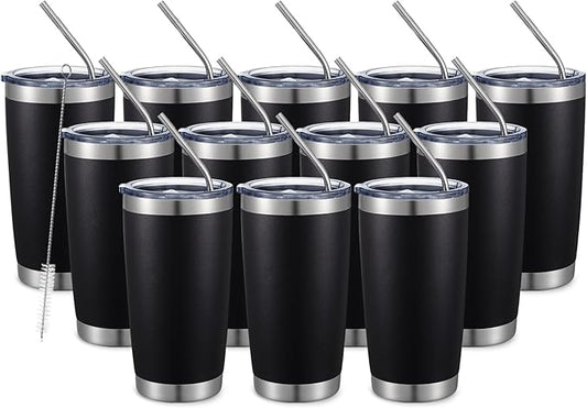 COMOOO 20oz Double Wall Vacuum Insulated Travel Mug, Stainless Steel Tumbler with Lid and Straw Durable Powder Coated Insulated Coffee Cup for Cold & Hot Drinks (Black, 12 pack
