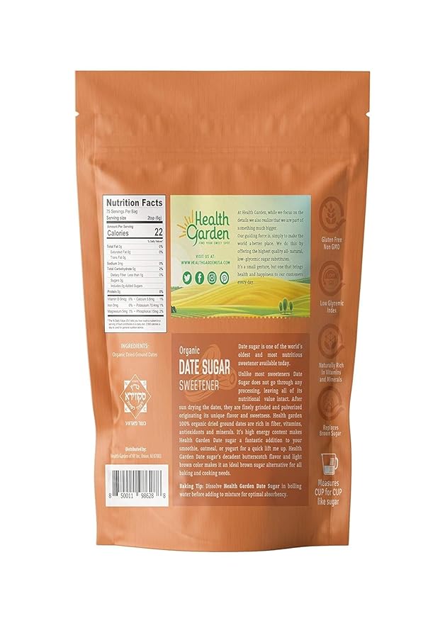 Health Garden Date Sugar, 16 Oz x 12, Organic Date Sugar Sweetener, All-Natural Dried Ground Dates, Rich in Vitamins and Minerals, No Gluten, Non-GMO, Low Glycemic Sugar Substitute (1 Lb. pack of 12)