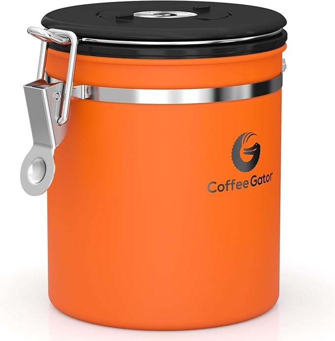 Coffee Gator Coffee Canister, 16oz Airtight Stainless Steel Kitchen Food Storage Container with Date Tracker, Scoop for Sugar,Grounds Coffee, Beans,Tea, Sugar, Cereal, Flour, Cookies Jars - Orange