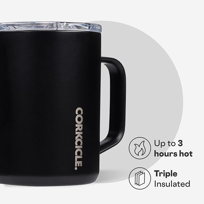 Corkcicle Classic Coffee Mug - Triple Insulated Stainless Steel for Travel - Shatter-Proof Lid - Easy Grip - Keeps Drink Hot Over 3 Hours - Holiday Mug Gift - Great for Gifting Warmth - 16 oz - Black