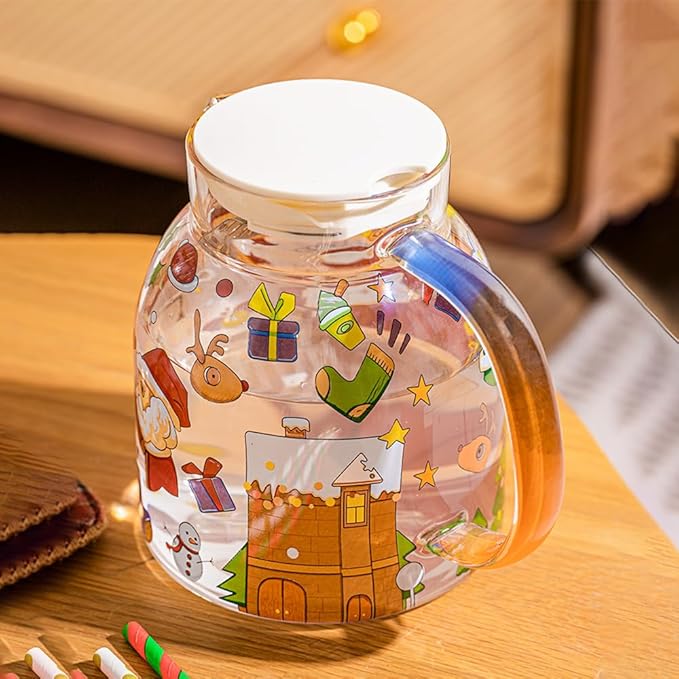JIDOC 1100ml/37.68oz Christmas Glass Pitcher with Lid,Iced Tea Pitcher Carafe for Coffee, Juice, Lemonade and Milk