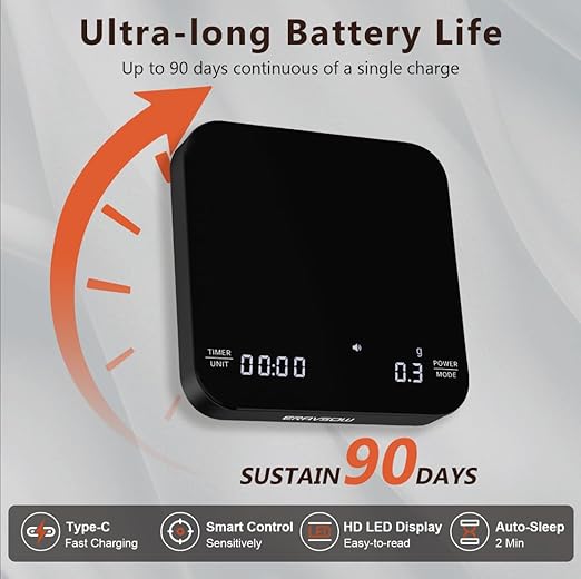 Coffee Scale with Timer, Rechargeable Mini Espresso Scale, 2kg/0.1g Accurate Scale for Espresso and Pour-Over Coffee, Portable Food Scale Digital with Automatic Timing