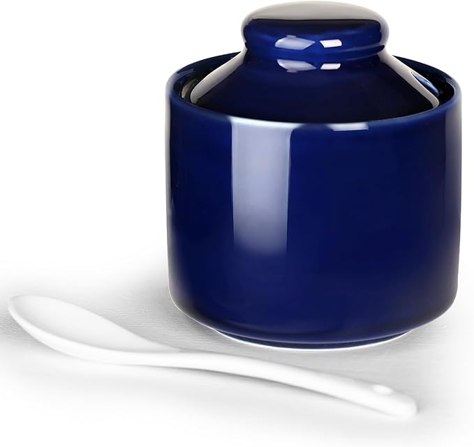 HAOTOP 8 oz Sugar Bowl with Lid and Spoon,Ceramic Sugar Jar Sugar Dispenser Sugar Container Coffee Bar Accessories, Kitchen Countertop Canisters (Navy)
