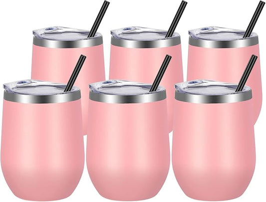 VEGOND Wine Tumblers Bulk 6 Pack, 12oz Stainless Steel Stemless Wine Glass with Lids and Straws, Double Wall Vacuum Insulated Tumbler Cup, Coffee Mug for Cold Hot Drinks