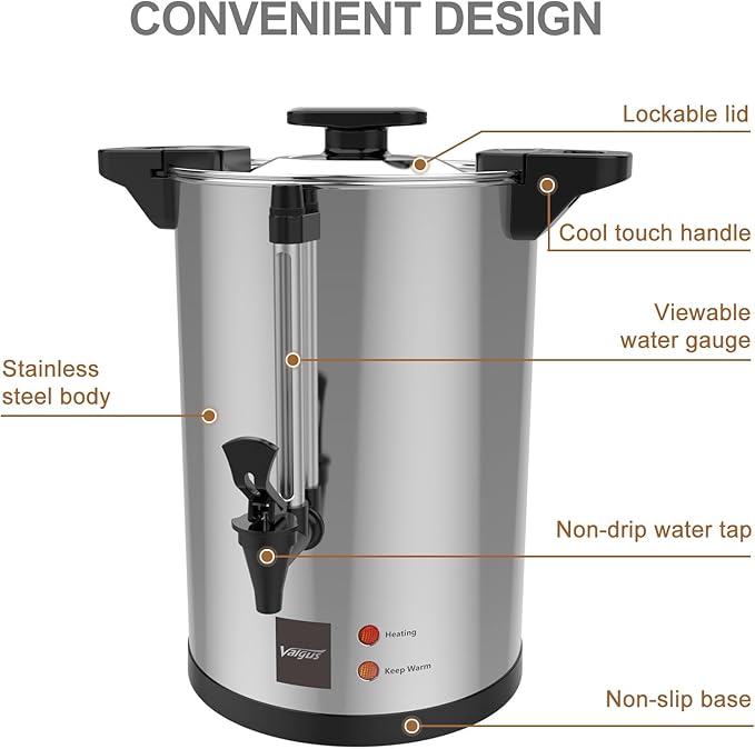 Valgus Commercial Coffee Urn 32-Cup 6L Stainless Steel Large Coffee Maker with Percolator Electric Hot Water Dispenser for Party, Office, Wedding