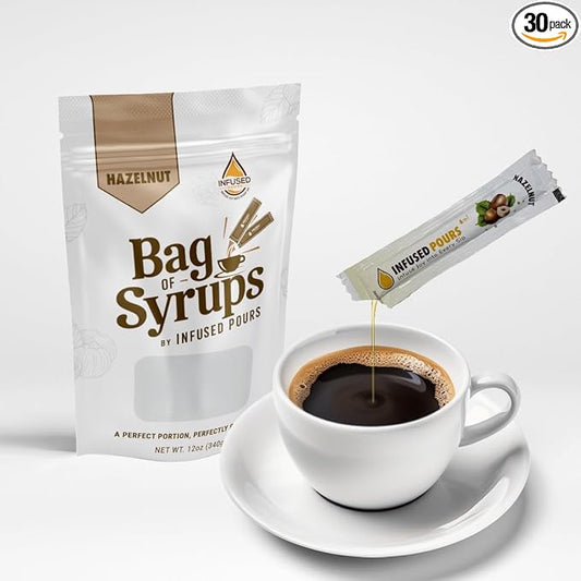 Single Serving Hazelnut Syrup Packets for Coffee and Cocktails - 6mL Each, 30 Count - Bag of Syrups by Infused Pours (6mL, Hazelnut)