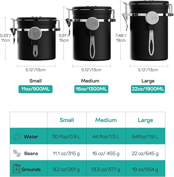 Coffee Gator Coffee Canister, 22oz Airtight Stainless Steel Kitchen Food Storage Container with Date Tracker, Valve, Scoop for Sugar, Grounds, Beans, Tea, Sugar, Cereal, Flour, Cookies Jars - Black