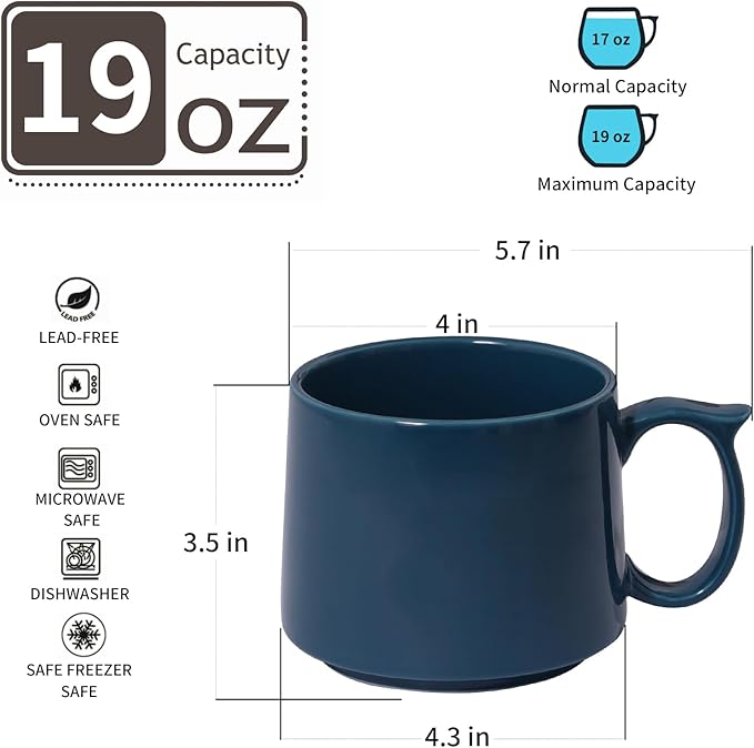 Coffee Mugs Gift Set of 4, Large 19 oz Stackable Ceramic Coffee Mug, Coffee Cups with Large Handle for Latte, Cappuccino, Milk, Dishwasher & Microwave Safe, Ideal Gift for Men, Women - Blue