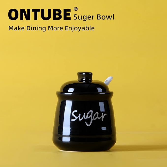 ONTUBE Ceramic Sugar Bowl with Lid and Spoon 12oz (Black)