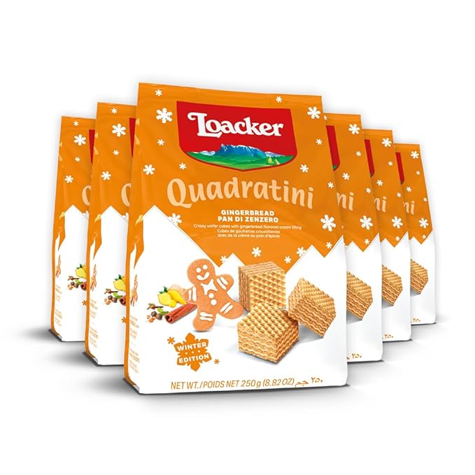 Loacker Quadratini Gingerbread Wafer Cookies LARGE - Limited Holiday Edition Premium Crispy Bite Size Wafers with Gingerbread Cream Filling - 30% Less Sugar - Resealable Family Pack - LARGE Snack Bag 250g/8.82oz, Multipack of 6