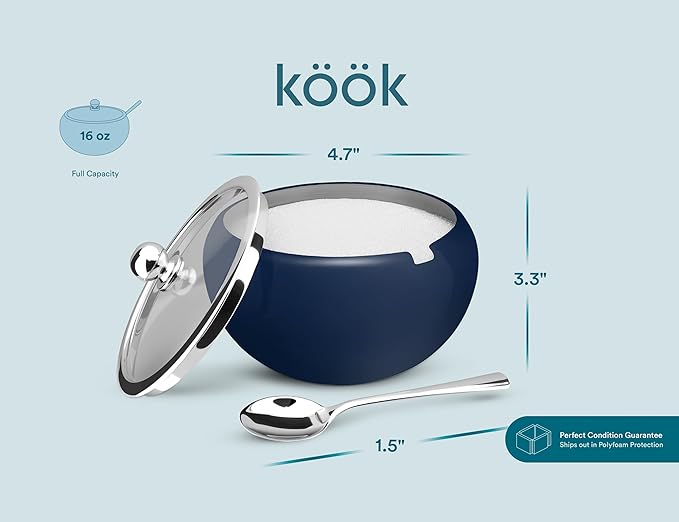 KooK Sugar Bowl, Sugar Bowl with Lid and Spoon, Sugar Container with Lid, for Salt, Coffee, Holds 2 Cups, Dishwasher Safe, Matte Navy, 16 Oz