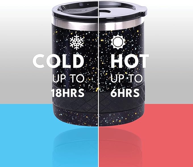 Elemental Recess Lowball Tumbler, 10oz Triple Wall Stainless Steel Cup with Non-Shattered Tritan Lid, Insulated Whiskey Glass, Insulated Coffee Tumbler Mug for Hot & Cold Drinks - Black Speckle