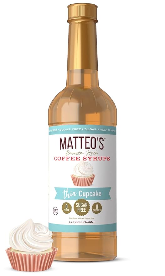 Matteo's Cupcake Syrup for Coffee, Lattes, Cappuccinos & Desserts – Sugar-Free Sweetener for Beverages, Keto Friendly, Zero Calories, Indulgent Flavor, Non-Alcoholic, Ideal for Hot Drinks 33.8oz (1pk)