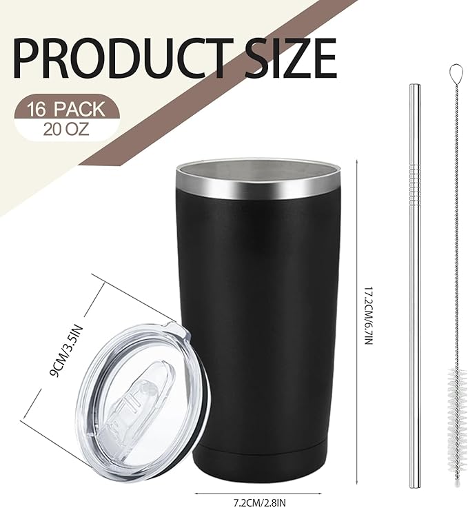 YOUKE OLA 16 Pack Stainless Steel Tumbler Bulk Insulated Vacuum Travel Mug Powder Coated Coffee Mug Gift for Laser Engrave, 20oz Black