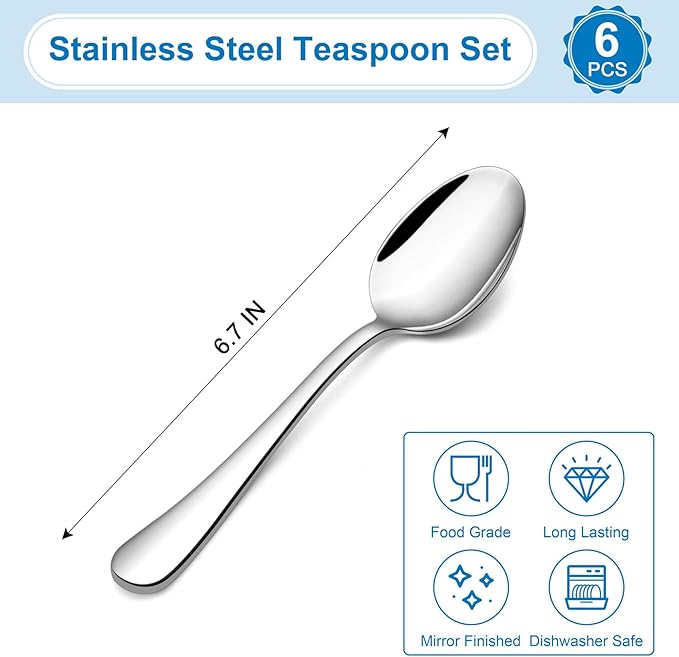TeamFar Teaspoon Set of 6, 6.7 Inch Stainless Steel Mini Tea Spoons, Small Spoon Silverware for Coffee Tea Soup Dessert, Non-Toxic & Heavy Duty, Mirror Polished & Dishwasher Safe