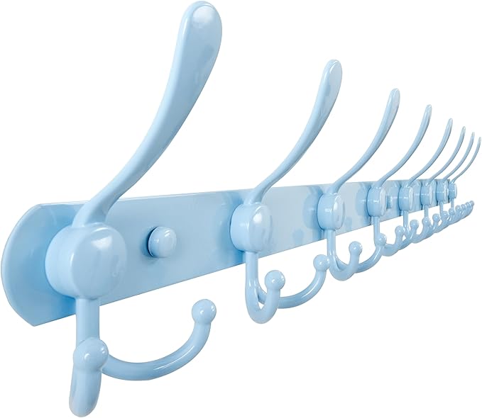 Dseap Coat Rack Wall Mount - 29.5” Long 8-Tri-Hooks Heavy Duty Coat Hanger Rail Wall Hooks for Hanging Coats Hats Clothing Clothes Purse Mudroom Entryway, Blue