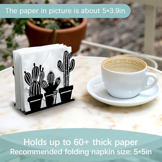 Cactus Decorative Black Metal Napkin Holder for Table, 4.9" x 4.9" x 1.9" Standing Napkin Holder for Home Kitchen Restaurant Picnic Party Coffee Bar Dining Room