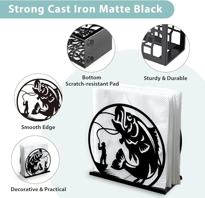 Fishing Decorative Black Metal Napkin Holder for Table, 5.3" x 4.9" x 1.9" Fisherman Fish Standing Napkin Holder for Home Kitchen Restaurant Picnic Party Coffee Bar Dining Room