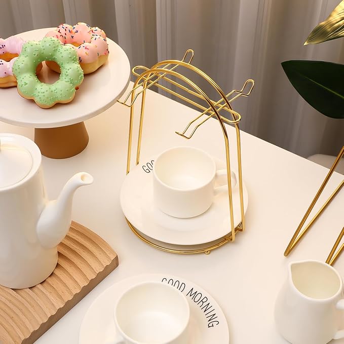 jojofuny Golden Mugs Display Holder Stand with 4 Hook: European Style Coffee Tea Cup Stand for Countertop - Mugs Rack Organizer for Home Bar Accessories