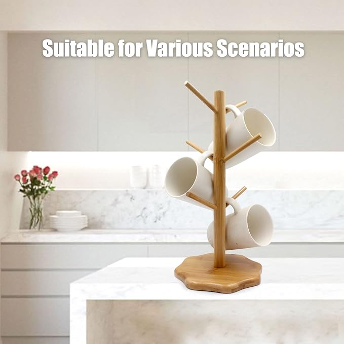 Bamboo Countertop Mug Tree Stand with 6 Hooks, Octagon Base Coffee Cup Tree