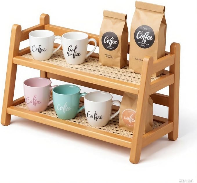 2-Tier Coffee Station Organizer, Bamboo Coffee Cup Holder for Counter top, Vintage Mug Organizer, Rustic Mug Holder for Kitchen