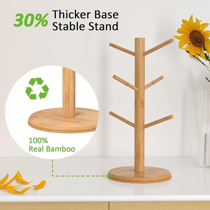 Wisuce Coffee Mug Tree Bamboo Mug Holder Coffee Cup Stand Mug Holders for Countertop Coffee Mug Rack Organizer Stand with 6 Hooks