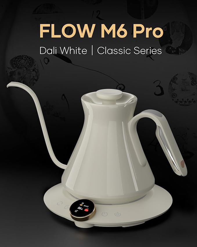 Cocinare FLOW M6 Pro Electric Gooseneck Kettle, ±0.5℉ Temperature Control for Pour-over Coffee & Tea, Stainless Steel Interior, Quick Heating for Boiling Water (Dali White)