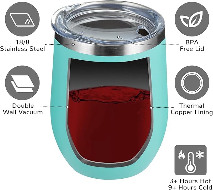 MEWAY 12oz/12 Pack Wine Tumbler Glasses with Lid -Double Wall Vacuum Stainless Steel Travel Tumbler Mug,Stemless Insulated Wine Cup for,Coffee,Cocktails,Gifts (Light green,Set of 12)