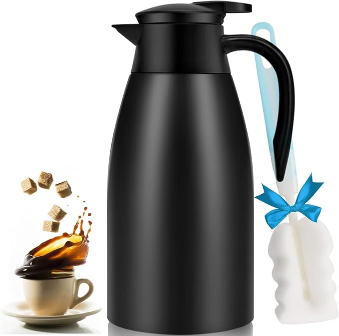68oz Thermal Coffee Carafe, Stainless Steel Coffee Carafes for Keeping Hot, Airpot Insulated Tea Pot Dispenser for Hot Water, Tea, Hot Beverage - Keep 12 Hours Hot, 24 Hours Cold, Black