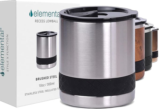 Elemental Recess Lowball Tumbler, 10oz Triple Wall Stainless Steel Cup with Non-Shattered Tritan Lid, Insulated Whiskey Glass, Insulated Coffee Tumbler Mug for Hot & Cold Drinks - Brushed Steel