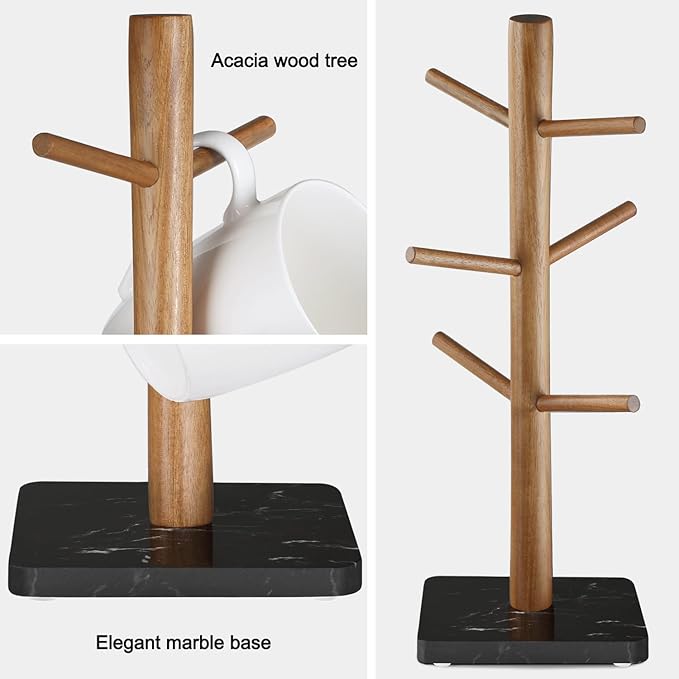Buruis Wood Mug Holder, Marble Base Cup Rack Tree, Kitchen Coffee Mug Tree Countertop Tea Cups Holder Stand, Coffee Cup Dryer with 6 Hooks (Black)