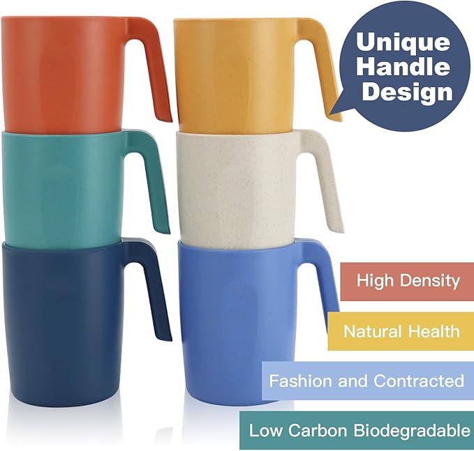 Homienly Wheat Straw Coffee Mugs, Alternative to Plastic Coffee Cups, Set of 6, Unbreakable Camping Coffee Mugs, 16 OZ Cups for Tea, Coffee, Milk, Dishwasher and Microwave Safe Kids Mug, Multi