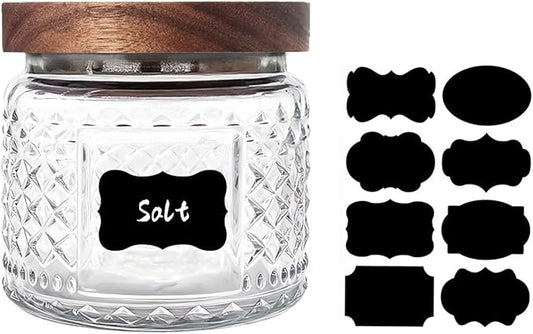 Glass Jar with Wood Lid and Label - 12 OZ Small Kitchen and Pantry Storage Container for Countertop, Airtight Decorative Vintage Canister for Candy, Cookie, Treat, Sugar, Coffee, Tea