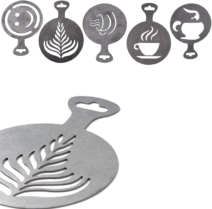 5Pcs Stainless Steel Reusable Metal Coffee Stencils for Latte Art Coffee Decorating Kit - Cookie Stencils for Royal Icing - Metal Baking Stencil Christmas- Cake Decorating Kit