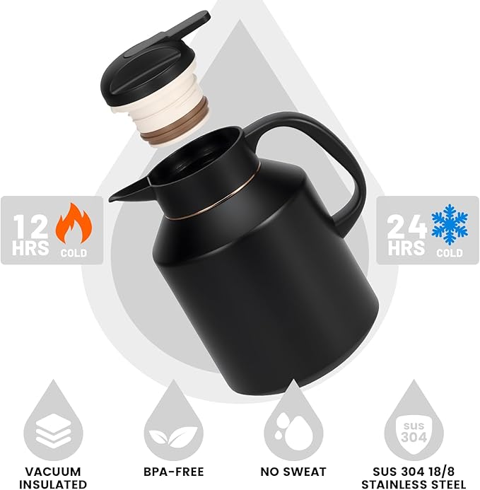 70 oz Thermal Coffee Carafe Insulated for Keeping Hot and Cold, Stainless Steel Thermal Coffee pot for Coffee, Tea, Water for Parties, Black