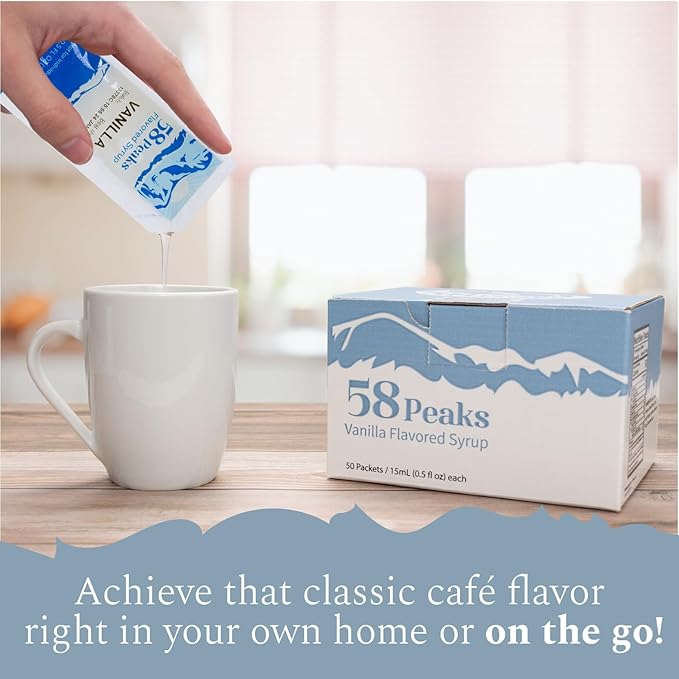 58Peaks Vanilla Flavored Syrup Sweetener Packets for Hot and Cold Drinks | To-Go Syrup Flavoring Perfect for Coffee, Tea, Milkshake and More | Flavored Coffee Syrups for Travel | 15mL | 50-Pack