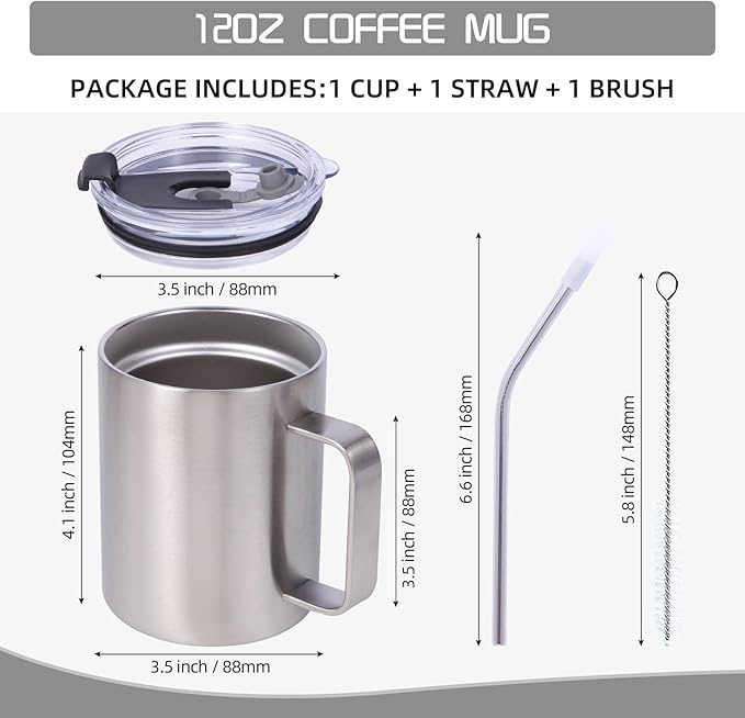 Volhoply 12oz Insulated Leakproof Coffee Mug with Flip & Straw Lid Bulk 8 Pack,Double Wall Vacuum Stainless Steel Travel Tumbler Cup with Handle,Reusable Camping Keep Cold/Hot(Silver,8 Set)
