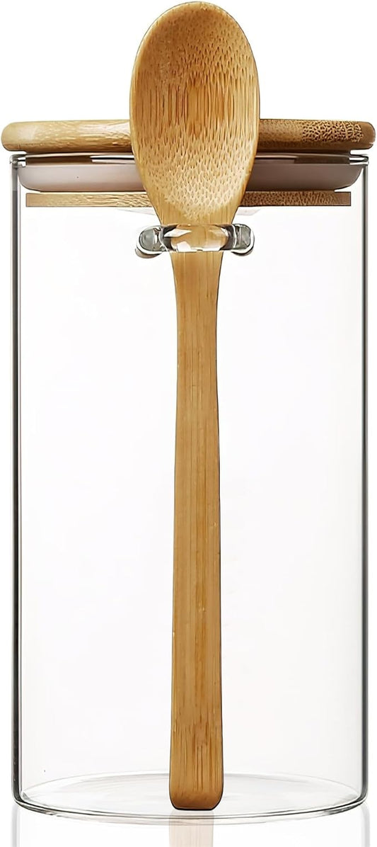 34 oz/1000 ml Glass Storage Canister with with Airtight Lid, Cute Clear Decorative Container Jar with Wooden Spoon for Coffee Spice Candy Salt Cookie Condiment Sugar Matcha Tea Overnight Oats