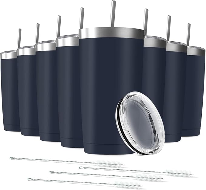 20oz Tumbler Vacuum Insulated Travel Mug with Lids, Stainless Steel Double Wall Bulk Cup for Home, Office, Outdoor Suitable for Vehicle Cup Holders(Set of 8, Navy)