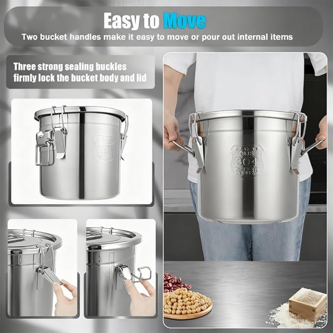 12L Stainless Steel Airtight Canister，Food Oil Sugar Milk Storage Bucket ， Rice Cereal Grain Tank Cans Container with Handles+Lid Cylinder Jar for Household Kitchen Bar Restaurants