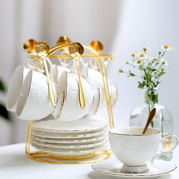 YY YEARCHY Coffee Mug Holder, Espresso Cups Holder Cup Drying Rack Cups Drainer Stand Metal Mug Tree Cups Organizer with 6 Hook Hangers for Kitchen Counter and Tea Party(Gold)